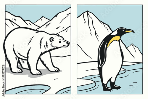 Polar Bear and Penguin in Icy Landscapes.