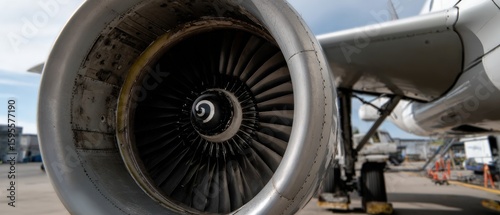 Closeup of a powerful jet engine turbine of a commercial airplane on the tarmac Concept of aviation, engineering, aerospace, and air travel