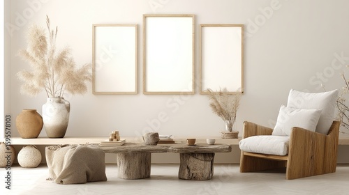 Modern minimalist living room featuring a light wood armchair and coffee table.