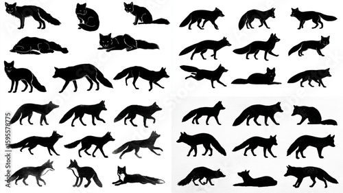 A collection of fox silhouette illustrations in various poses, isolated on white background