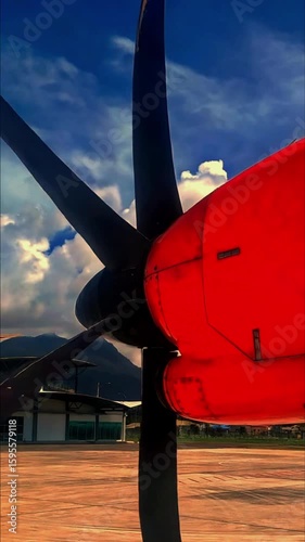 Red Aircraft Propeller Close-Up with Blue Sky and Airport Scenery