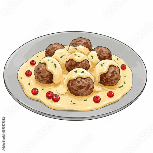 Classic Swedish Meatballs with Creamy Sauce and Lingonberry Garnish Illustration