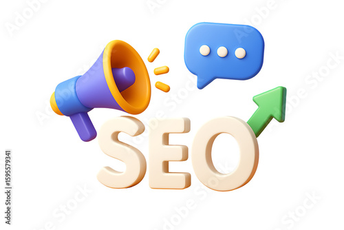 Seo growth concept with megaphone and content bubble isolated on transparent background