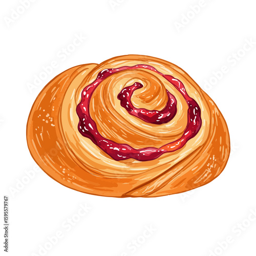 Delicious sweet bun pastry with red jam spiral illustration isolated on white background