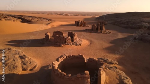 Ancient stone ruins stand amidst the vast, golden sand dunes of a desert landscape at sunset, showcasing geological formations and weathered structures