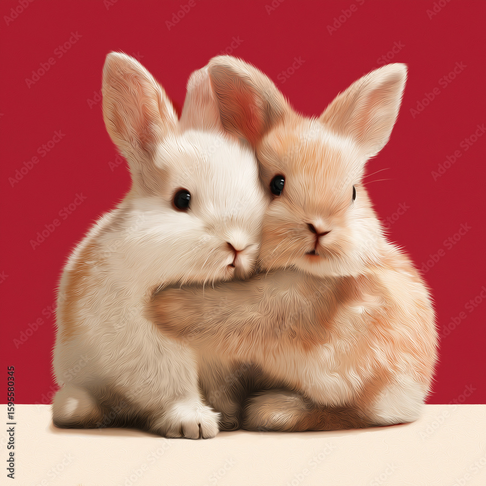 Obraz premium Two cute bunnies hugging, with fluffy fur and pastel colors. 