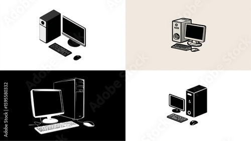 Isometric computer workstation with monitor, keyboard, and mouse for digital design