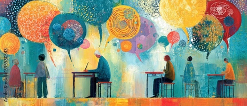 Diverse group of adults in classroom with colorful speech bubbles, attending a seminar or workshop Concept of communication, education, learning, and creative thinking