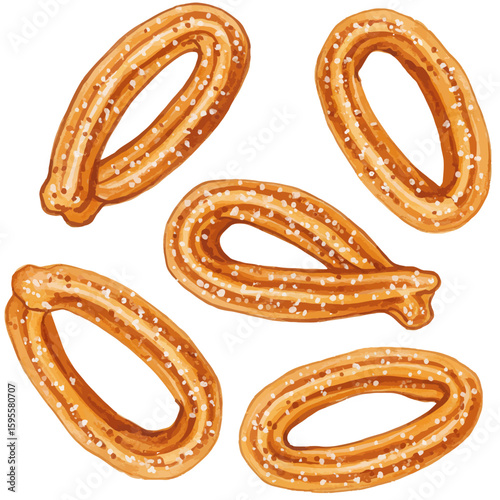 Delicious golden churros traditional Spanish dessert fried dough pastry set with sugar
