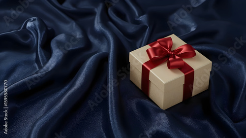 Elegant gift box with red ribbon on dark blue fabric, left-aligned with ample copy space—perfect for holiday, celebration, or marketing design layouts