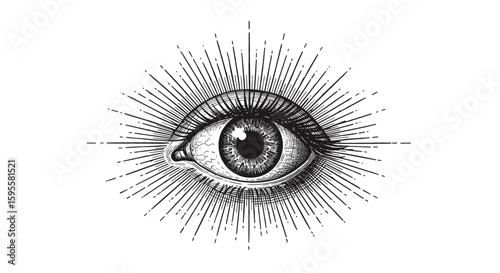 Biohacking eye surrounded by rays – symbolizing awareness, monitoring and insight, vintage black and white sketch vector illustration

