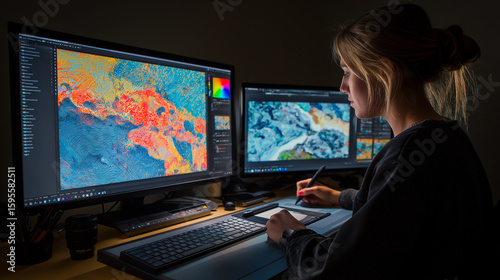 A woman working on an Oshkosh S4 with two monitors, editing colorful images in Adobe Photoshop,