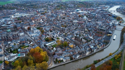 Fototapeta Naklejka Na Ścianę i Meble -  Aerial view of the city Namur in Belgium on a sunny autumn afternoon 