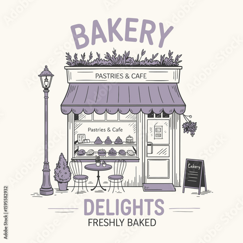 Delightful bakery front graphic with awning and pastries, an inviting cafe storefront suitable for bakery logos, confectionery designs, or restaurant branding with a retro touch.