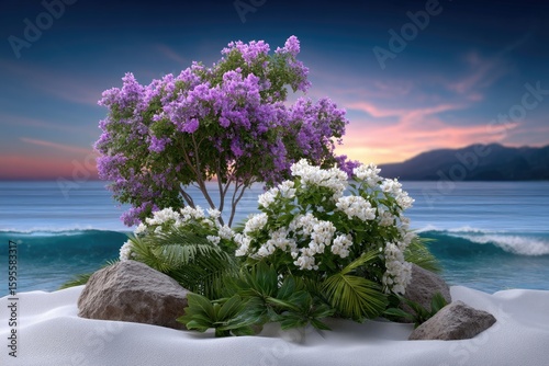 A serene coastal landscape features vivid purple and white flowers surrounded by lush green plants. Gentle waves lap at the sandy beach, illuminated by a warm summer sunset
