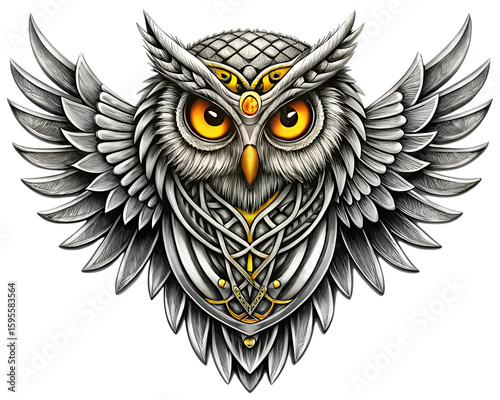 Intricate celtic knotwork ornamented majestic owl with spreading wings and glowing eyes isolated on transparent background