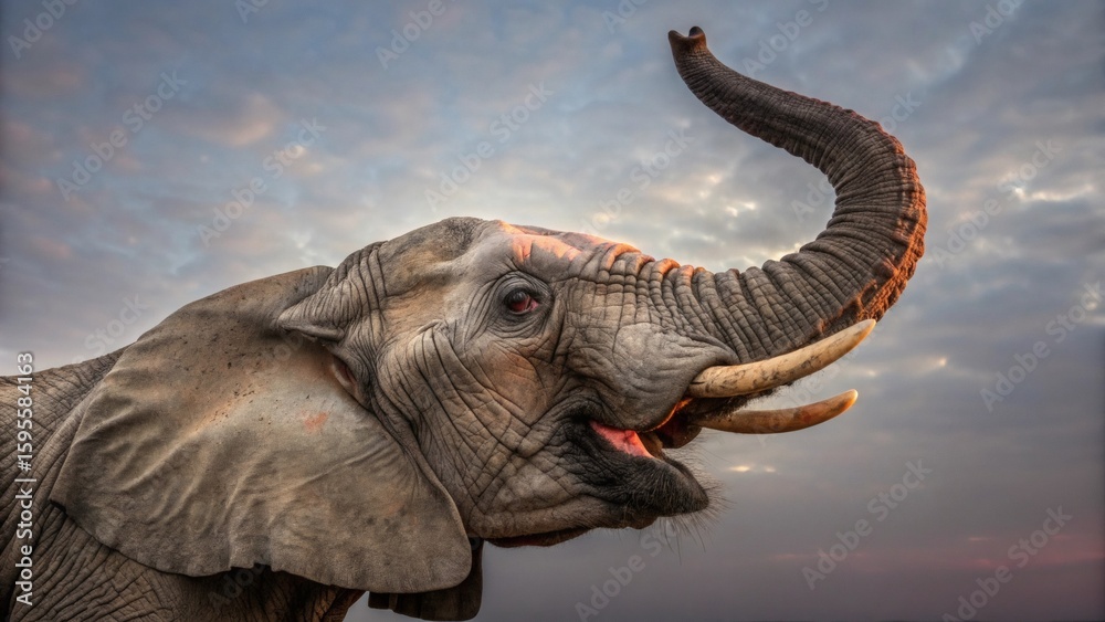 Obraz premium elephant head with trunk up.