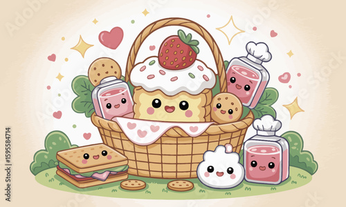 Adorable cartoon picnic scene featuring a basket filled with various cute food items and treats.