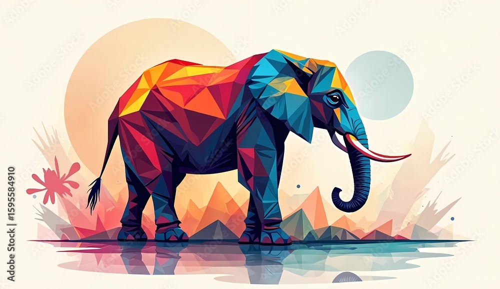 Obraz premium Abstract orange and blue geometric elephant illustration on abstract multi-colored geometric background. Generate AI