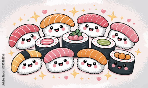 An illustration of assorted sushi pieces with cute, smiling faces, including nigiri and maki rolls, set against a light background with stars and hearts.