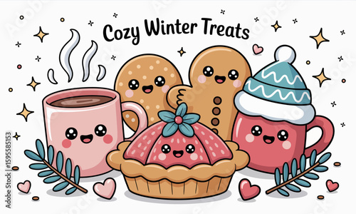 Adorable winter treats: hot cocoa, gingerbread man, pie, and cookies, cheerfully illustrated.