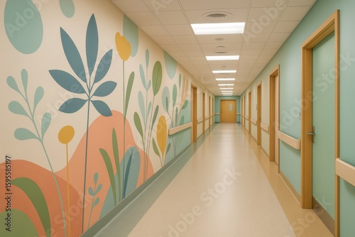 Modern pediatric hospital corridor with colorful murals and natural lighting designed to create calming environment for young patients