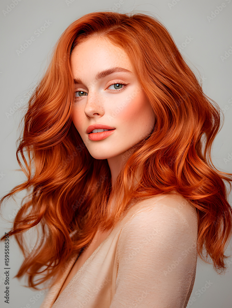 Fototapeta premium young girl with well-groomed fiery red hair. Woman with hairstyle with curls. Portrait for design