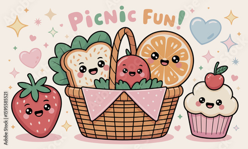 Cartoon illustration of a picnic basket filled with smiling food items, including a sandwich, apple, orange slice, and cupcake, surrounded by hearts and stars.