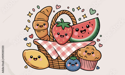 Colorful cartoon picnic basket with smiling food items and hearts.