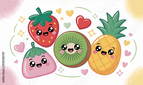 Playful cartoon illustrations of various fruits with smiling faces and hearts around them.