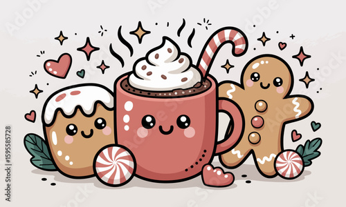 Festive cartoon illustration of hot chocolate with marshmallows and gingerbread treats.