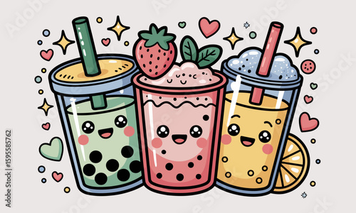 Three cartoon bubble tea cups with smiling faces and straws.