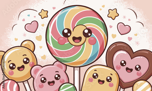 Adorable cartoon lollipops and candy bears smile cheerfully together.