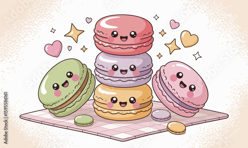 Cute kawaii macarons stacked and arranged on a tablecloth, with hearts and stars.
