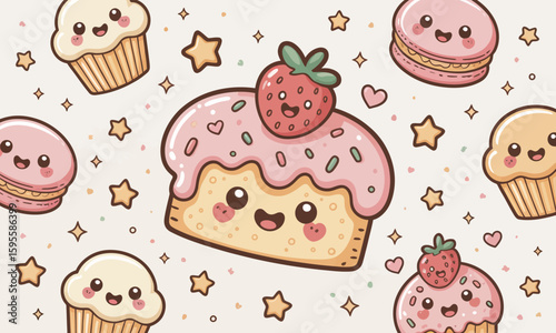 Adorable cartoon cupcakes, macarons, and cake with smiling faces and sprinkles.