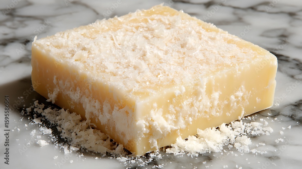 Naklejka premium Block of cheese with grated topping on marble.