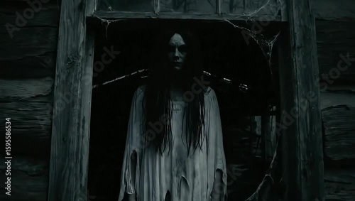 ghost in the window of a house in a haunted forest in the afternoon