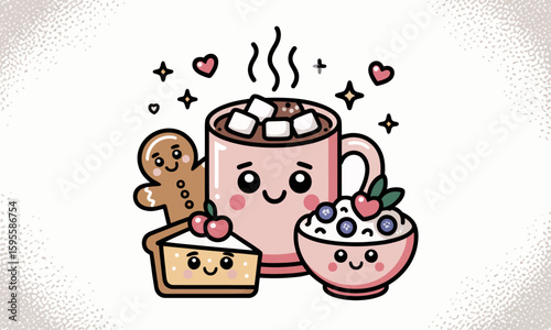 Cute cartoon illustration of hot chocolate, a dessert, and a bowl of berries, all with kawaii features.