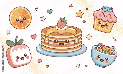 Whimsical cartoon illustration of breakfast foods with smiling faces and decorative elements.