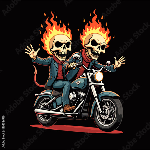 Vector t-shirt design with biker with fire human skull
isolated on black background.
Fashionable print for fabric, paper, men clothing,
hoodie, biker jacket. T shirt template for halloween party.