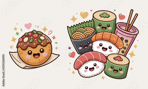 Cute cartoon illustration of takoyaki on a paper, and an assortment of sushi, noodles, and boba tea with kawaii faces and sparkling decorations.