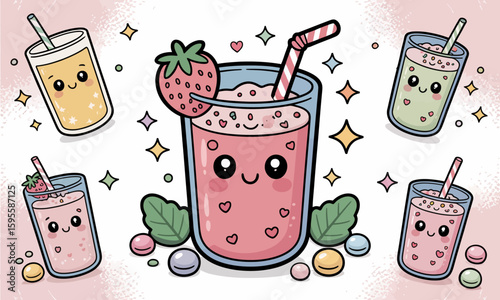 Cute cartoon illustration featuring various colorful smoothies and drinks with kawaii faces, surrounded by candies and sparkling stars.