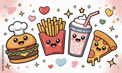 Cute cartoon illustration featuring a smiling burger with a chef's hat, fries, a milkshake, and a pizza slice, surrounded by hearts and stars on a textured background.