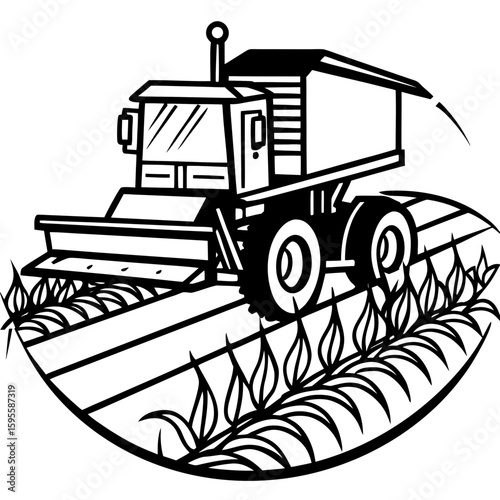Combine Harvester Silhouette in Field