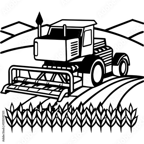 Combine Harvester Silhouette in Field
