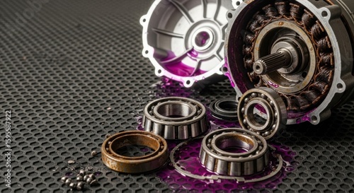 Damaged EV electric motor with burned windings, rusty bearings and leaking purple antifreeze coolant