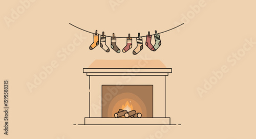 Fireplace with burning wood and christmas stockings hanging above it all