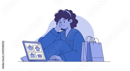 Woman in pajamas shopping online with laptop and shopping bags nearby