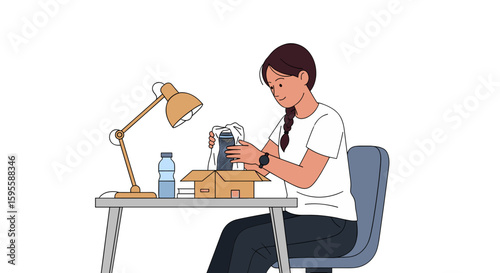 A woman unpacking a newly delivered package at her desk under a lamp light
