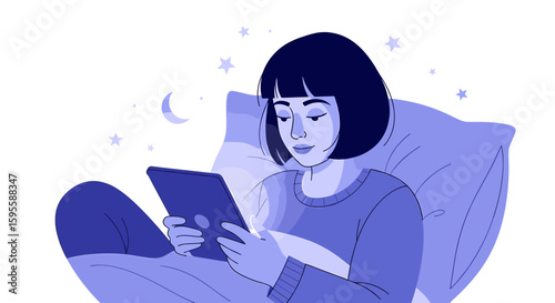 Woman uses tablet in bed at night surrounded by stars and crescent moon